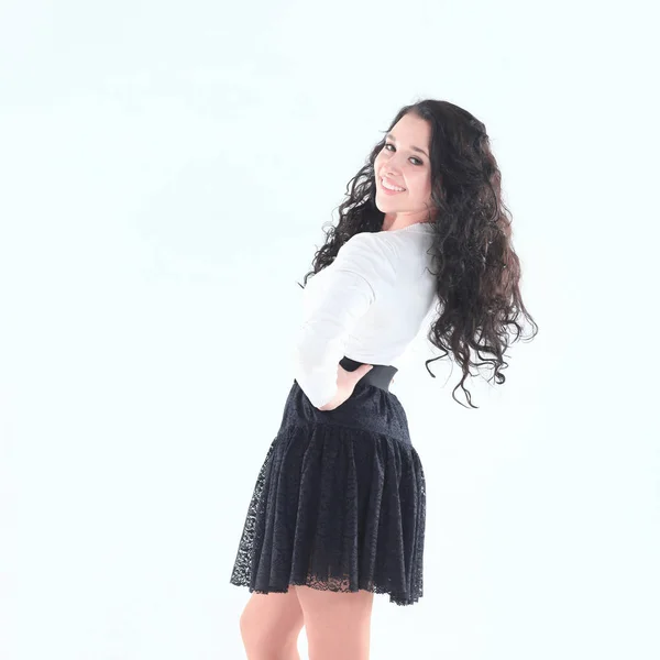 Ritratto di una giovane donna moderna con camicetta bianca e sci nero — Foto Stock