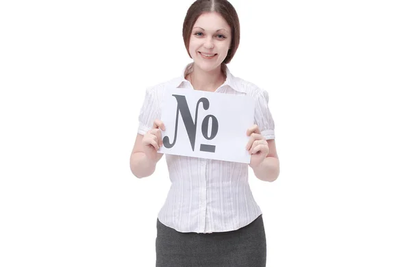 Smiling young woman showing a sheet with the number sign. — Stock Photo, Image