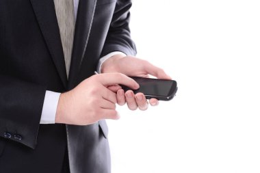 yakın çekim. SMS Smartphone'da tipik iş adamı