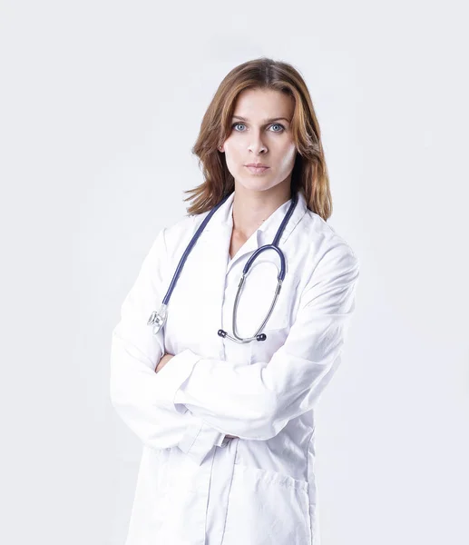 Portré, fiatal nő orvos elszigetelt fehér. — Stock Fotó