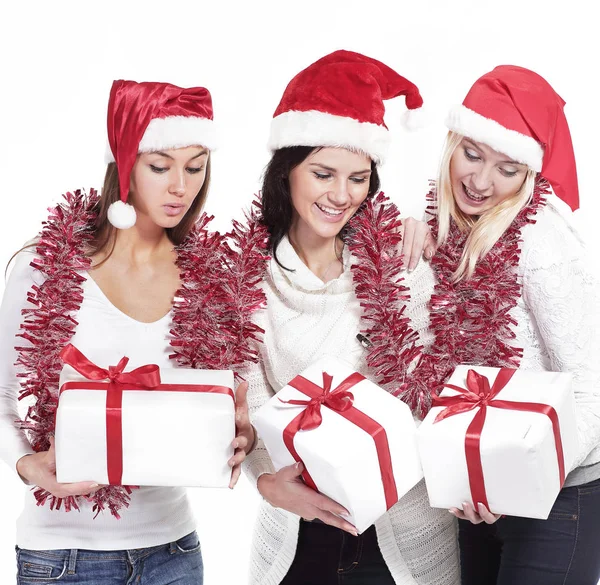 Grupo de estudantes do sexo feminino em traje de Papai Noel com Christm — Fotografia de Stock