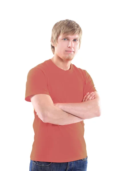 Portret van een moderne kerel in een oranje overhemd. — Stockfoto