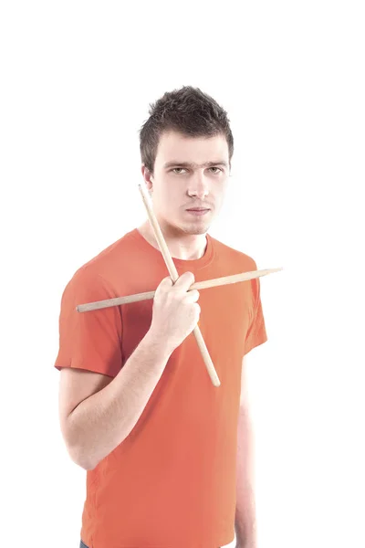 Retrato de un baterista con palos de tambor — Foto de Stock