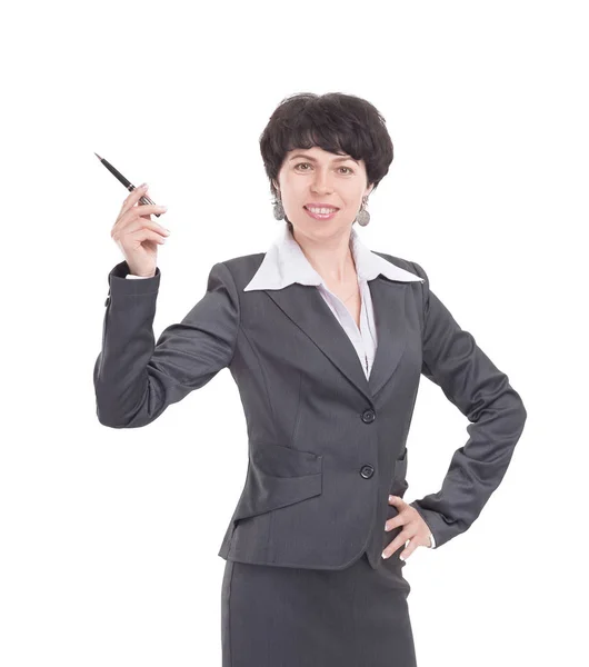 Mujer de negocios apuntando su pluma al espacio de copia — Foto de Stock