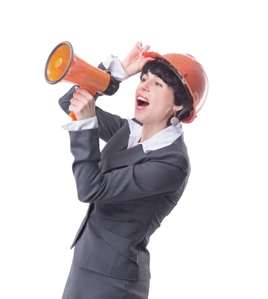 Architect vrouw schreeuwt door middel van een megaphone.isolated op licht — Stockfoto