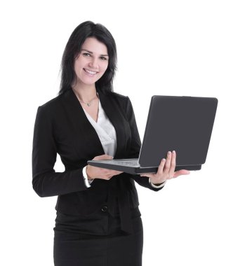 dizüstü bilgisayar ile modern bir iş kadını. beyaz izole