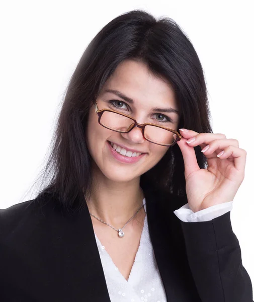 De cerca. una joven mujer de negocios sonriente. aislado en blanco — Foto de Stock