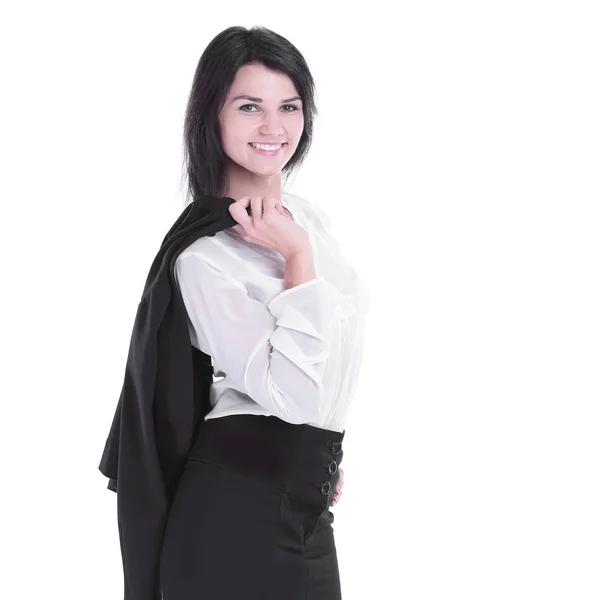 Mujer de negocios sonriente con una chaqueta sobre su hombro —  Fotos de Stock