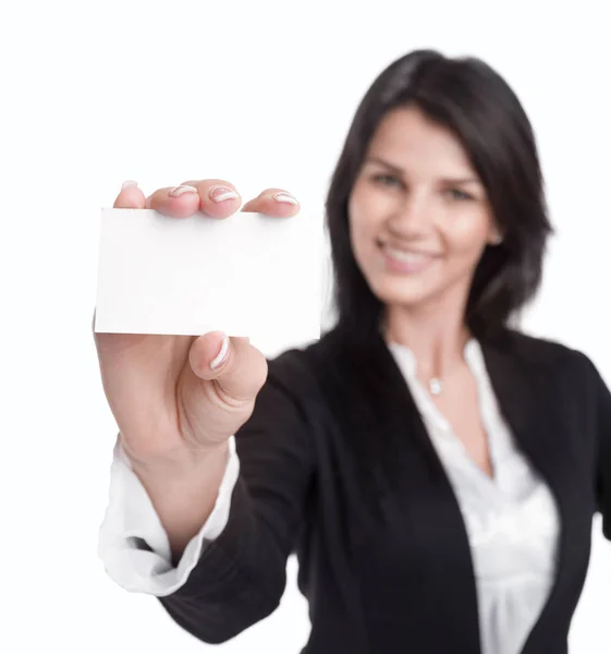 Mulher de negócios mostrando seu cartão de visita em branco — Fotografia de Stock