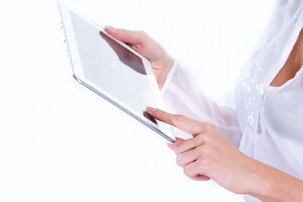 Close-up. zakenvrouw maakt gebruik van digitale Tablet . — Stockfoto