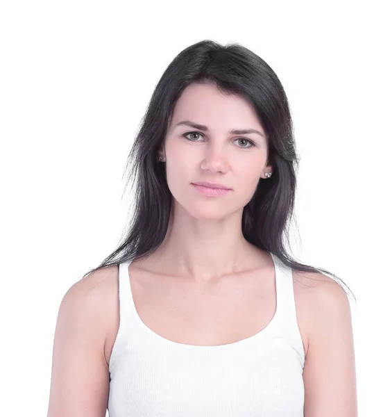 Primer plano retrato de la mujer bonita joven con estilo sonriendo en camiseta blanca — Foto de Stock