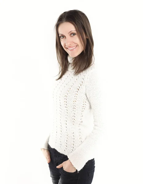 Portrait of modern young woman in white sweater and jeans.isolated on white — Stock Photo, Image