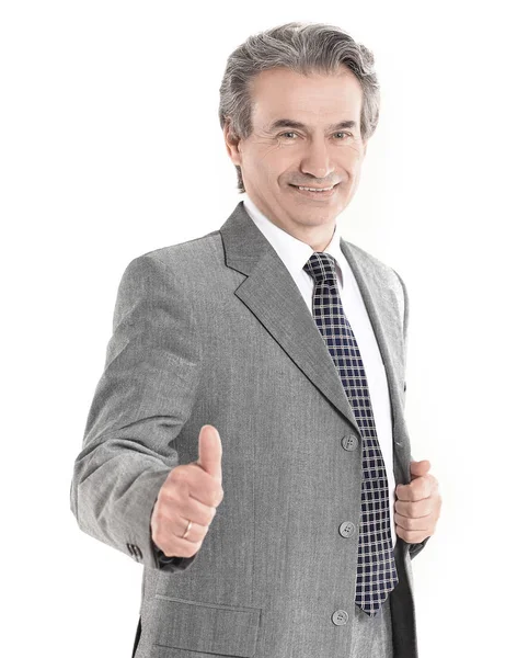 Впевнений бізнесмен показує великий палець вгору. ізольовано на білому тлі — стокове фото