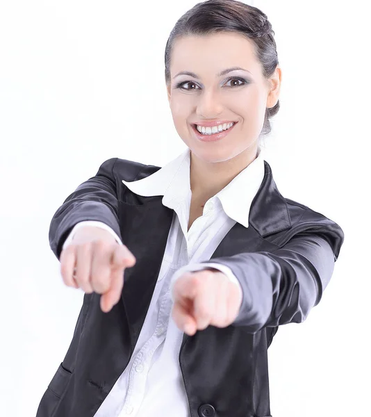 Mulher de negócios confiante mostrando as mãos forward.isolated no branco . — Fotografia de Stock