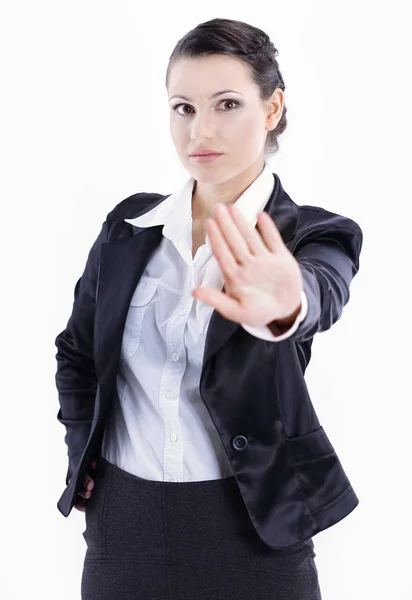 Serious business woman showing stop sign.isolated on white — Stock Photo, Image