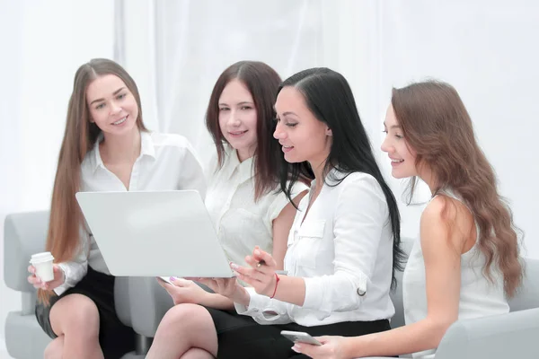 Group of employees using laptop to check financial data — Stock Photo, Image