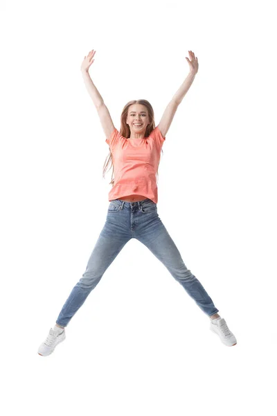 Retrato de menina feliz student.isolated no fundo branco — Fotografia de Stock