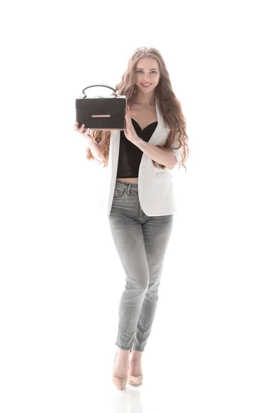 Onun moda handbag.isolated beyaz üzerinde gösterilen şık genç kadın — Stok fotoğraf