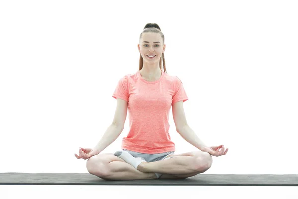 Yoga. Mujer meditando y haciendo yoga sobre fondo blanco —  Fotos de Stock