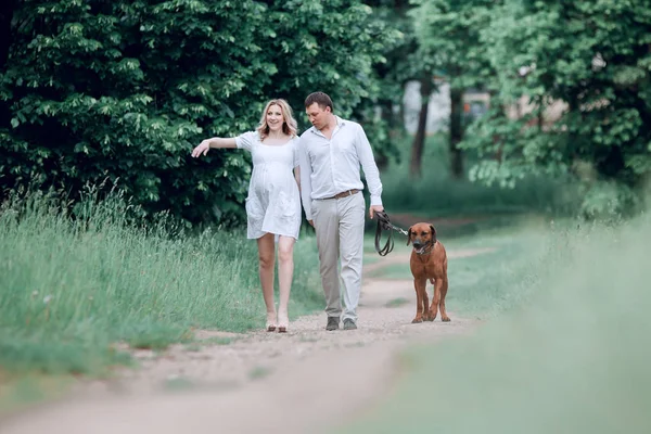 Familia joven y su mascota caminando a lo largo del camino en el Parque — Foto de Stock