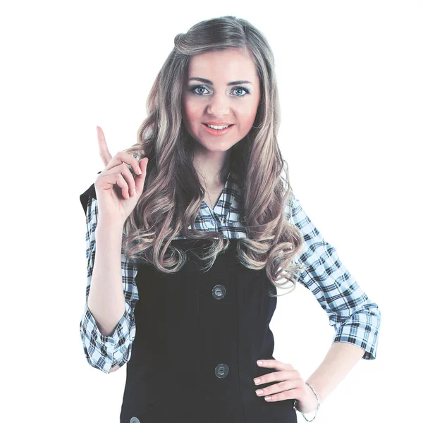 Gülümseyen iş kadını. Promosyon ürünleri yukarı gösterilen beyaz arka plan üzerinde izole