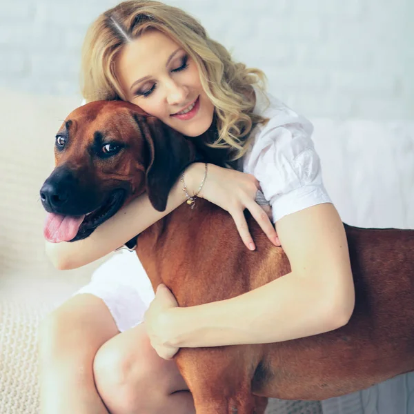 Terhes nő és egy kutya ül a kanapén — Stock Fotó