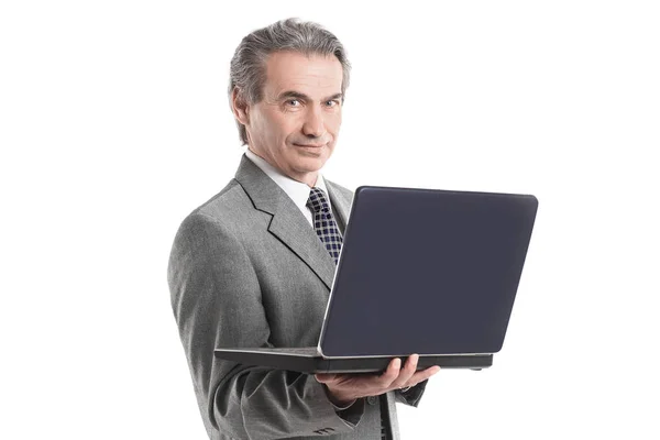 Κλείστε up.adult επιχειρηματίας ψάχνει στο lap-top screen.isolated σε λευκό φόντο — Φωτογραφία Αρχείου