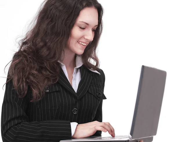 オープン ノート パソコンでビジネスを成功させる女性. — ストック写真
