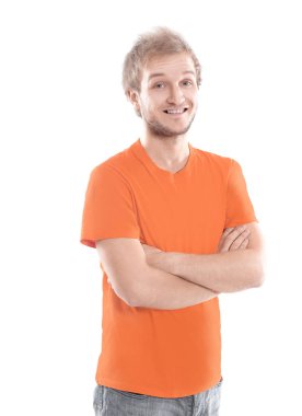 turuncu gömlekli şık genç adamın portresi.