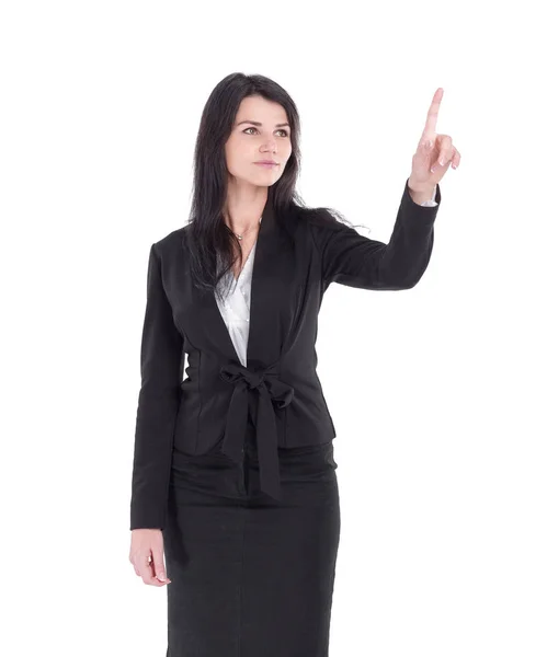 Smiling business woman pointing at white space. — Stock Photo, Image