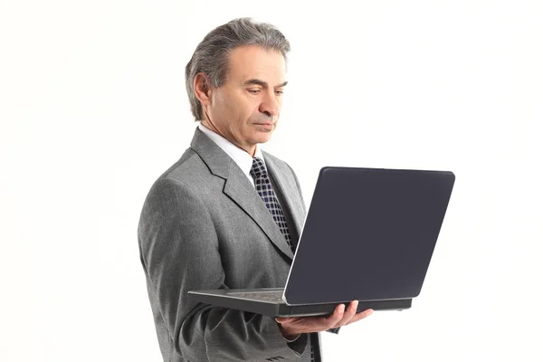 Close up.adult businessman looking at laptop screen.isolated on white background — Stock Photo, Image