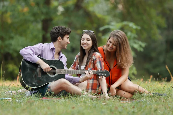 Grupo de estudiantes con una guitarra relajarse sentado en la hierba en el parque de la ciudad —  Fotos de Stock