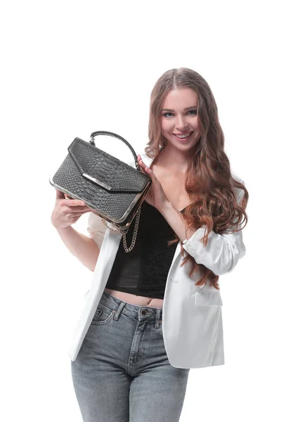 Stijlvolle jongedame met modieuze handbag.isolated op wit — Stockfoto