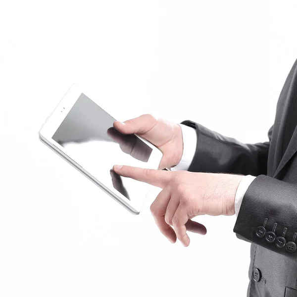 Zamknąć za pomocą cyfrowego tablet.isolated na biały up.businessman — Zdjęcie stockowe