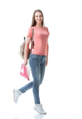 Beyaz arka plan üzerinde tam growth.successful kız öğrenci .isolated içinde