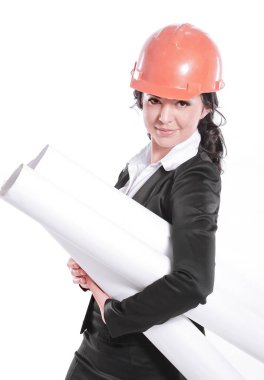 iş kadın mimar çizimleri ile. Beyaz arka plan üzerinde izole