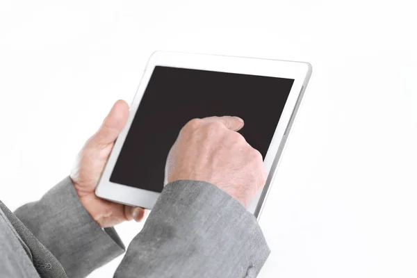 Close up.businessman apuntando con el dedo a la tableta digital screen.isolated sobre fondo blanco — Foto de Stock