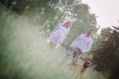 mutlu karı koca onların köpek çimenlerin üzerinde yürüyüş