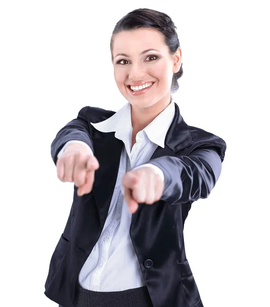 Confident business woman showing hands forward.isolated on white. — Stock Photo, Image