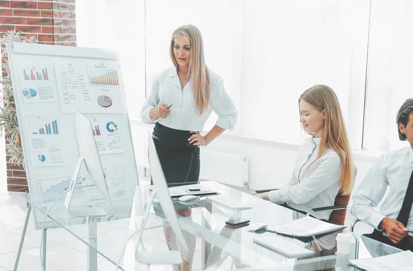 Vrouw presentatie van haar idee aan collega's tijdens vergadering — Stockfoto