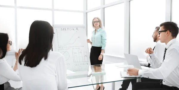 Zakenvrouw houdt een bijeenkomst met de business team. — Stockfoto