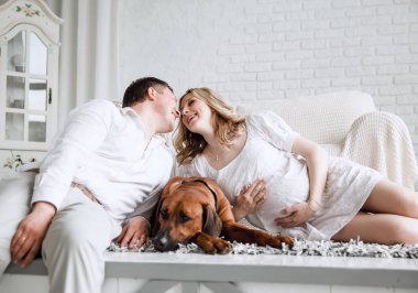 evcil hayvan yeni dairede katta oturan mutlu genç çift.