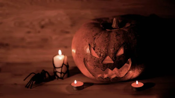Kerzen, Kürbisse und eine Spinne auf Holzgrund — Stockfoto