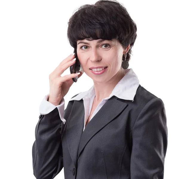 Mulher de negócios falando no telefone móvel.isolado no branco — Fotografia de Stock