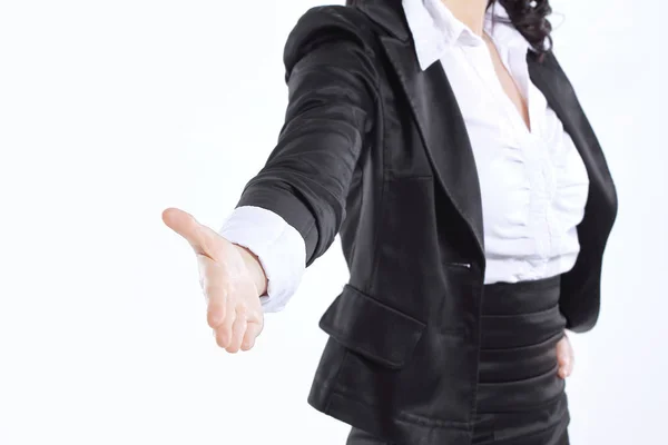 Fechar up.hand mulher de negócios esticado para fora para handshake .isolated no branco — Fotografia de Stock