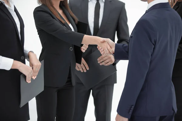 Uzavření obchodních žena s businessman.isolated na bílém up.handshake — Stock fotografie