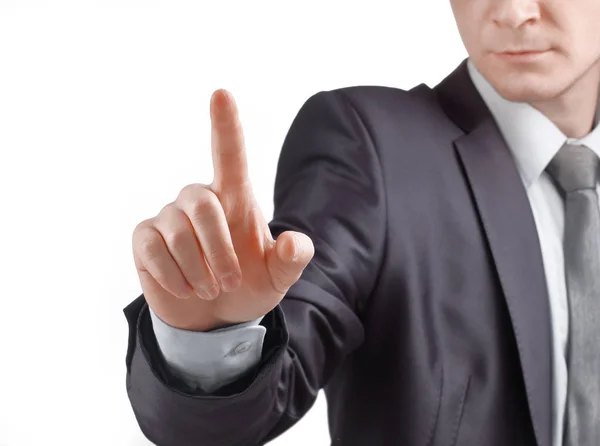 Fecha. empresário confiante pressiona o dedo no ponto.isolado virtual em branco — Fotografia de Stock
