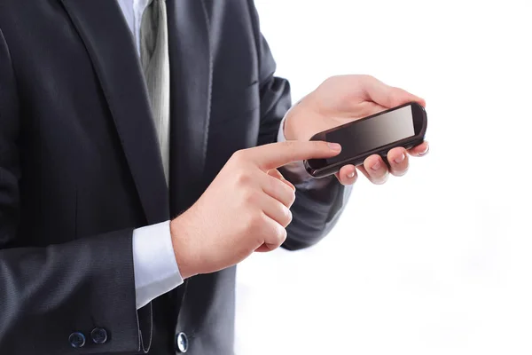 Close up. businessman tapping the screen of the smartphone — Stock Photo, Image