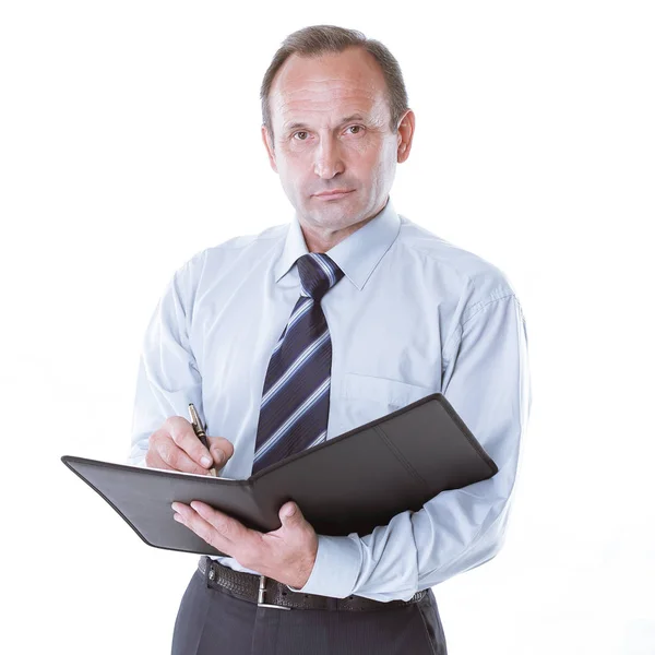 Confident businessman with clipboard. isolated on white — Stock Photo, Image