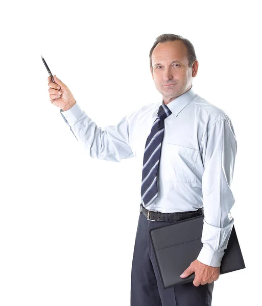 Serious businessman pointing marker at copy space — Stock Photo, Image